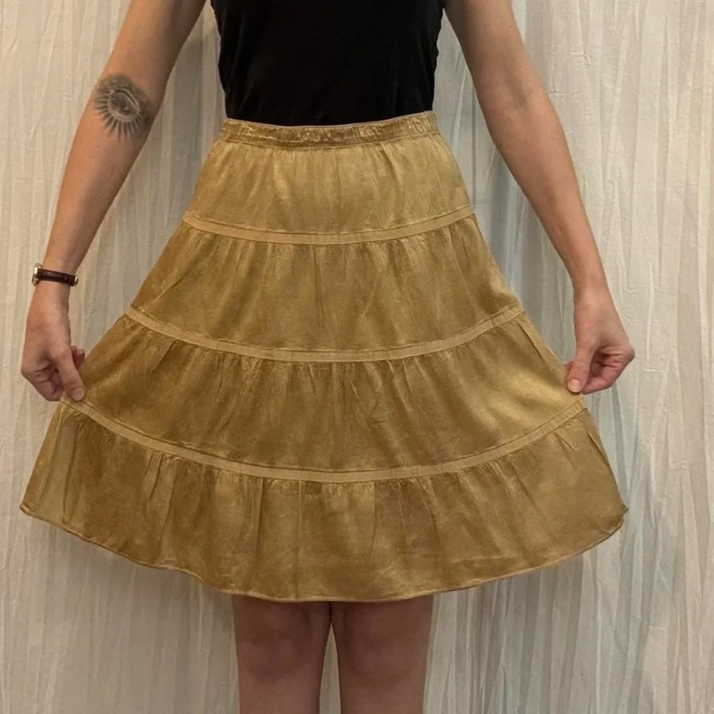 Silk Gold Tiered‎ A-Line Peasant Midi Skirt Y2K American Eagle Outfitters Boho